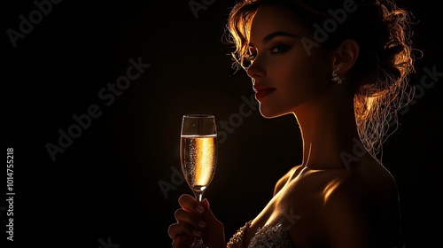 Glamorous woman holding champagne glass in luxurious party setting with soft lighting
