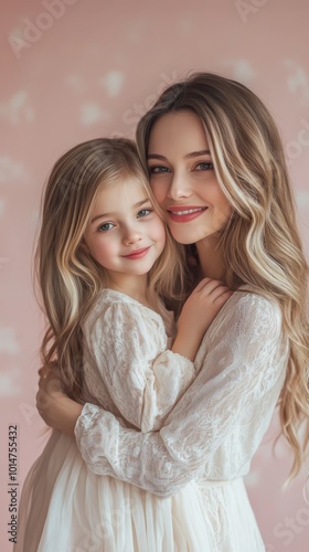 A mother lovingly embraces her daughter against a soft pink pastel background showcasing their connection and warmth