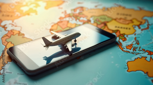 Travel concept with airplane on smartphone over world map