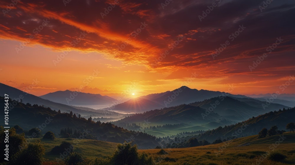 Obraz premium Realistic illustration of a sunrise landscape behind the mountains with beautiful orange light in the sky that is pleasing to the eye