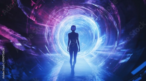 An illustration of a time traveler walking towards a circular time portal