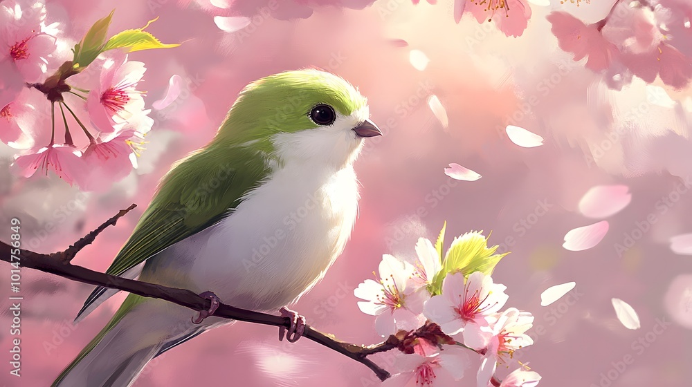Fototapeta premium Bird sitting on a branch of a flowering tree, close-up photo
