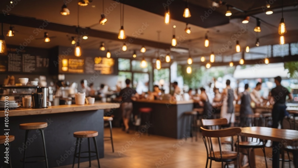 Fototapeta premium Blur coffee shop or cafe restaurant, Blurred restaurant background with some people and chefs working