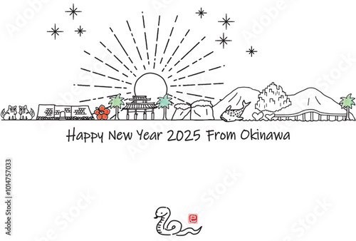 沖縄県の観光地の街並み2025年年賀状テンプレート