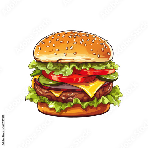 Burger menu design, restaurant marketing, food blog, recipe book: sesame seed bun, lettuce, tomato, cheese, patty, onion. Generative AI