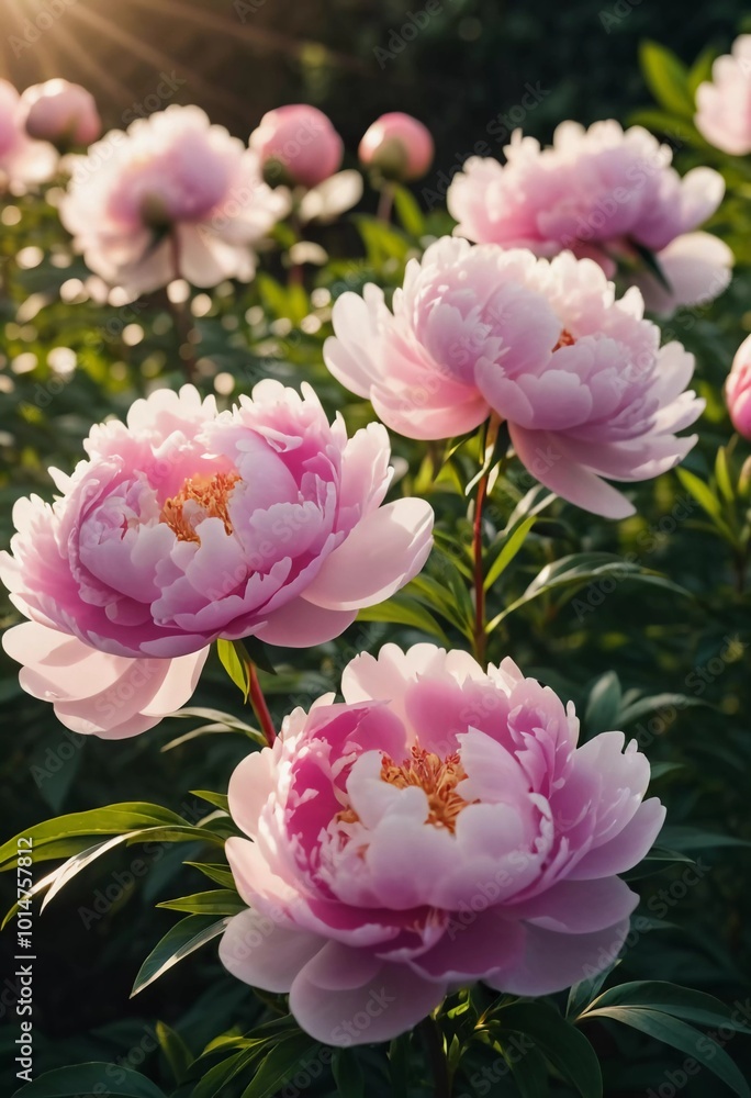 Obraz premium The vibrant peony blooms in shades of pink stand tall as the golden sun sets in the background, creating a serene and atmospheric landscape filled with warmth. Generative AI