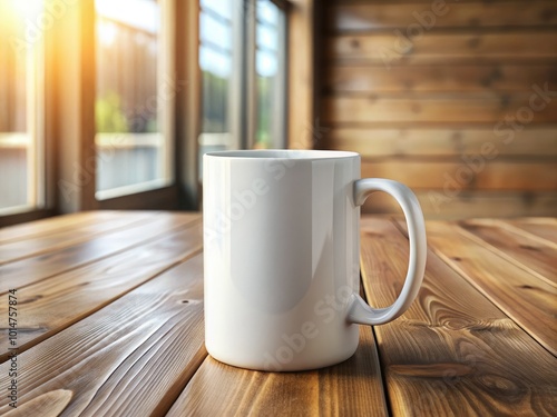 Showcase your designs with this coffee mug mockup set against a charming wooden backdrop, perfect for branding and marketing presentations. Ideal for elevating creative projects.