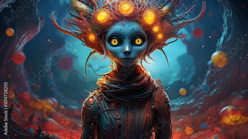 alien being,  unique features, vibrant colors, and a sense of mystery 