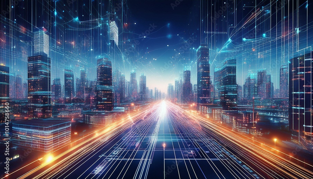 Autonomous AI robot delivering packages in a futuristic urban landscape