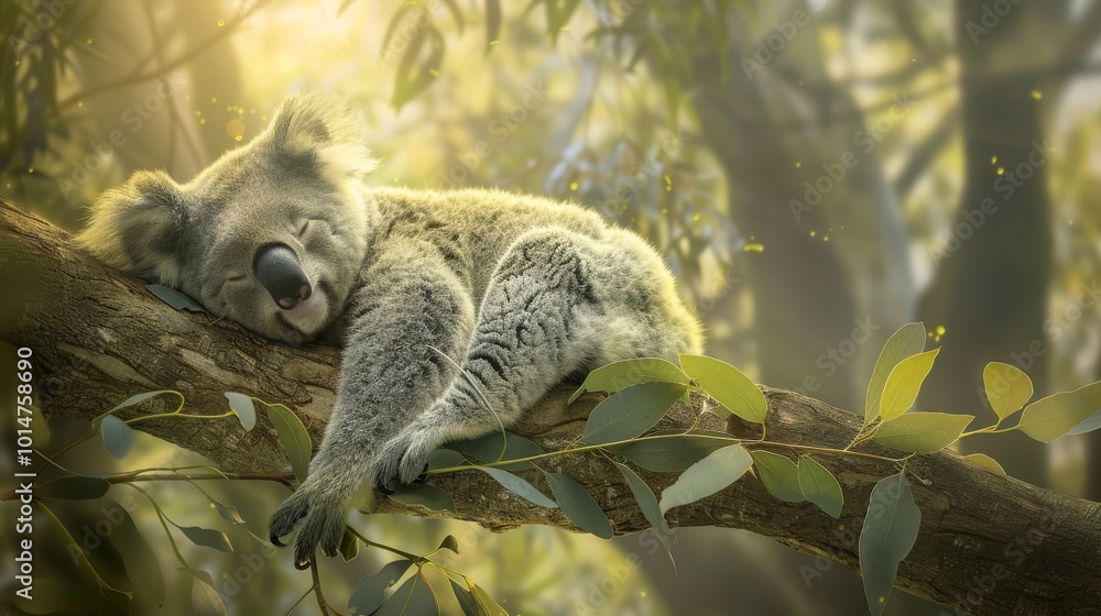 Fototapeta premium A koala is sleeping on a tree branch