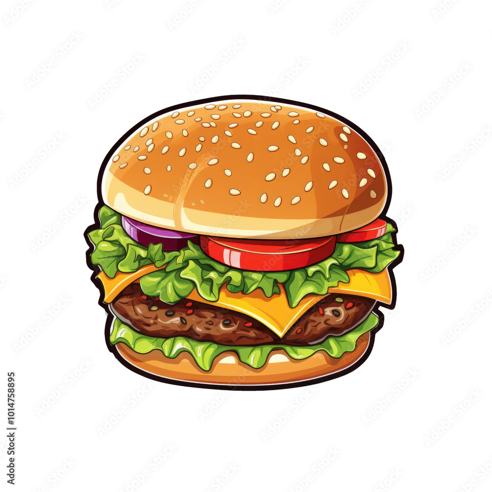 Burger menu design, restaurant marketing, food blog, recipe book: sesame seed bun, lettuce, tomato, cheese, patty, onion. Generative AI Burger menu design, restaurant marketing, food blog, recipe book: sesame seed bun, lettuce, tomato, cheese, patty, onion. Generative AI