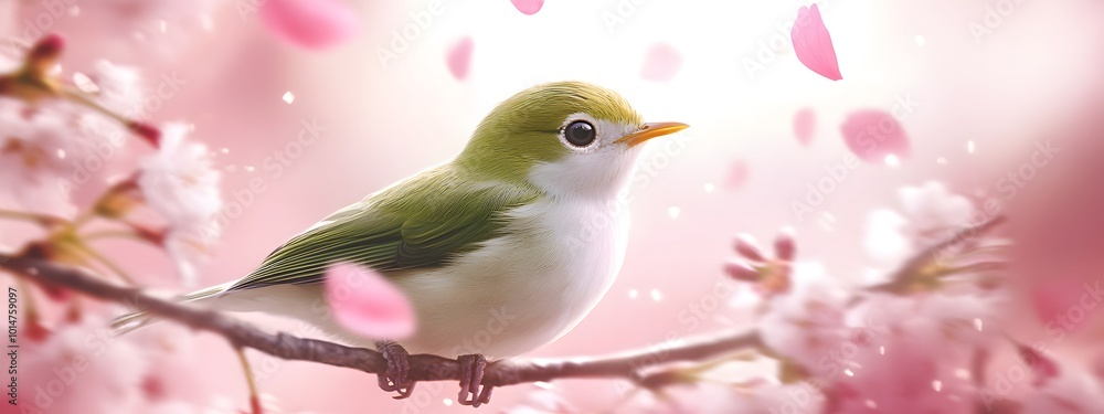 Fototapeta premium Bird sitting on a branch of a flowering tree, close-up photo