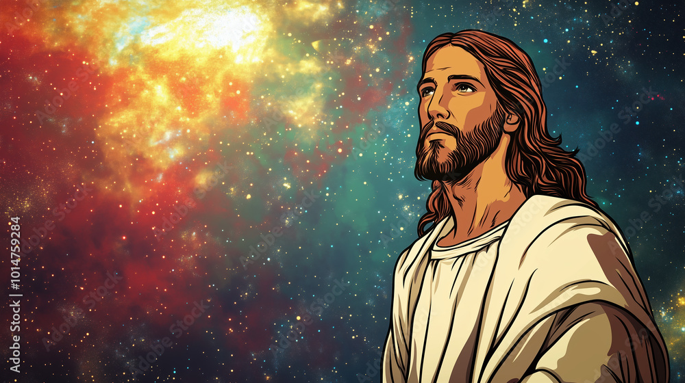 Celestial Themed Cartoon Frame for Church Handout Featuring Likeness of Jesus with Copy Space for Text Celestial Themed Cartoon Frame for Church Handout Featuring Likeness of Jesus with Copy Space for Text