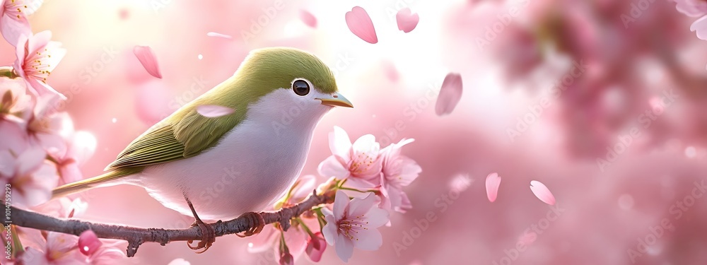 Fototapeta premium Bird sitting on a branch of a flowering tree, close-up photo