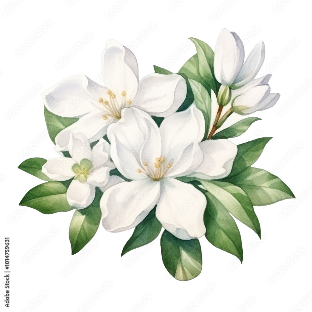 Elegant Arrangement of White Flowers with Green Leaves and Buds Elegant Arrangement of White Flowers with Green Leaves and Buds