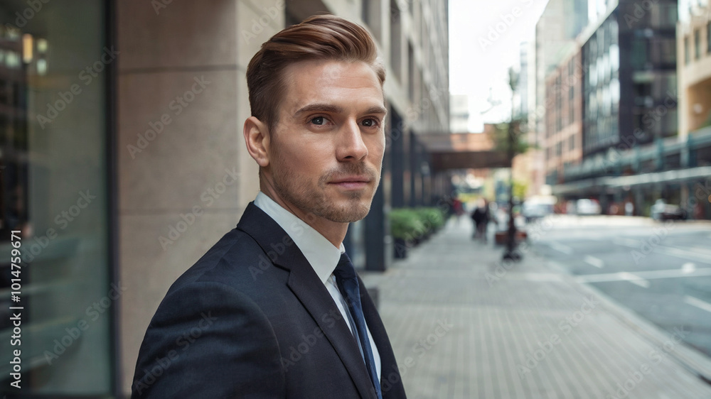 Confident Businessman in City: Portrait of a determined businessman in a sharp suit, looking towards the future in a bustling cityscape. men's health concept Confident Businessman in City: Portrait of a determined businessman in a sharp suit, looking towards the future in a bustling cityscape. men's health concept