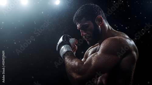 A fierce MMA fighter delivering a powerful punch in a dimly lit arena, sweat flying in the air.