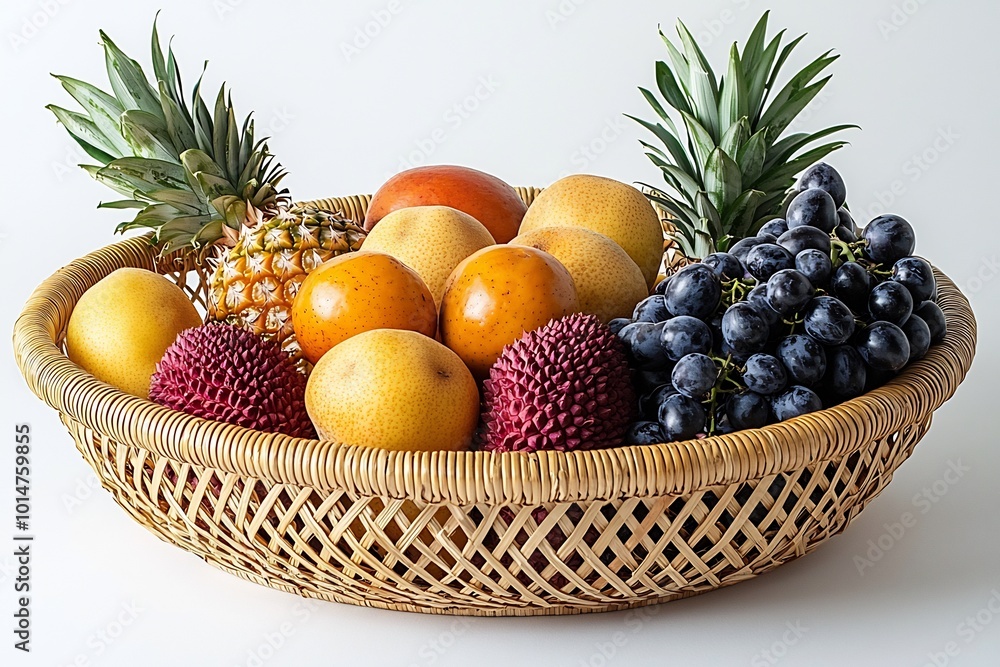 Fruit basket filled with tropical fruits like pineapples papayas and lychees resting on a clean white background evoking a sense of freshness Fruit basket filled with tropical fruits like pineapples papayas and lychees resting on a clean white background evoking a sense of freshness