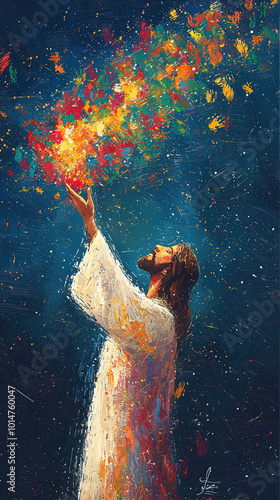 Intricate Jesus Portrait Depicting Colorful Costumes in Gilded Age Style, Surrounded by a Futuristic Aesthetic and Moody Starry Night Setting photo