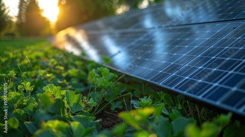 Close-up of solar panels in a grassy field at sunset.