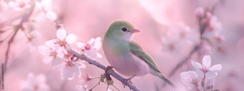 Bird sitting on a branch of a flowering tree, close-up photo Bird sitting on a branch of a flowering tree, close-up photo