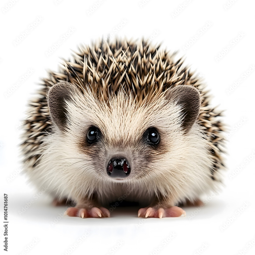 A close-up of a small hedgehog with brown and white quills, looking at the camera with big eyes. A close-up of a small hedgehog with brown and white quills, looking at the camera with big eyes.