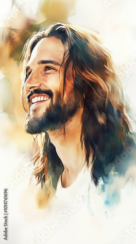 Traditional and Contemporary Inspired Watercolor Painting of Jesus Christ, Featuring Long Hair and Beard, Exuding Peacefulness and Spiritual Warmth in Sunlit Surroundings