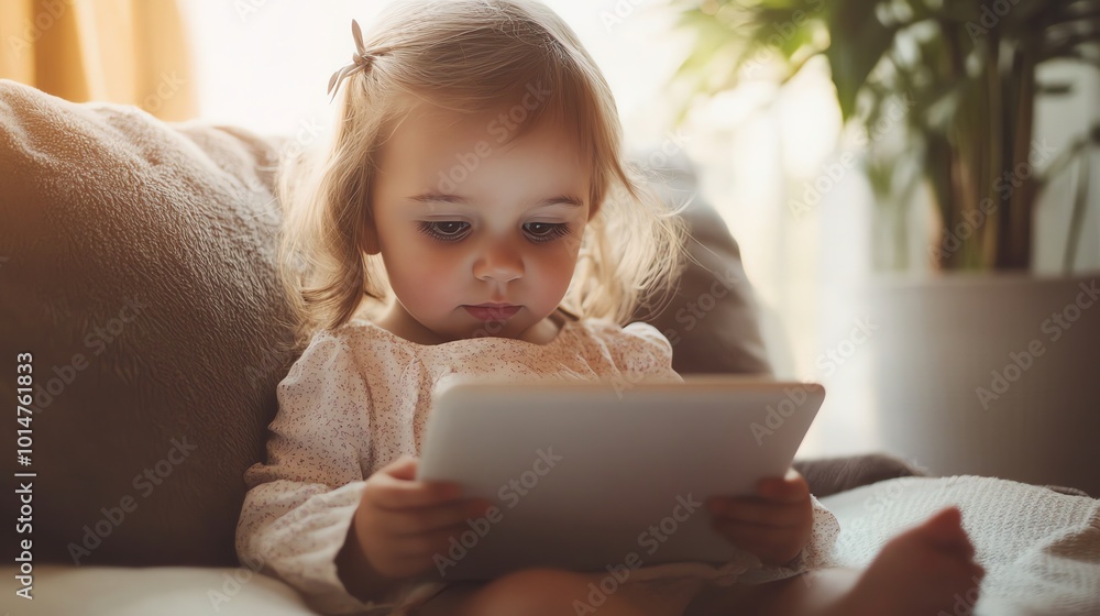 Fototapeta premium A young girl is looking intently at a tablet in bed.