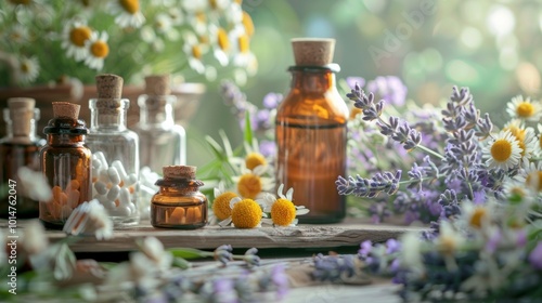 Glass Bottles and Fresh Chamomile Flowers for Herbal Medicine