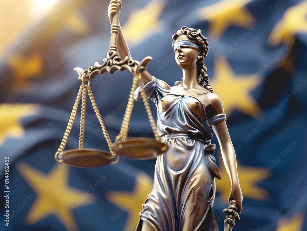 The Statue of Justice against the background of the European Union flag. Neural network AI generated art The Statue of Justice against the background of the European Union flag. Neural network AI generated art