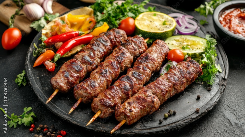 Closeup of grilled meat skewers with vegetables on a black plate. Closeup of grilled meat skewers with vegetables on a black plate.