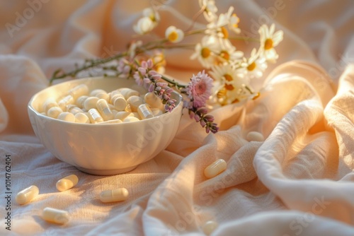 Natural Homeopathic Remedies Display with Fresh Herbs and Bottles