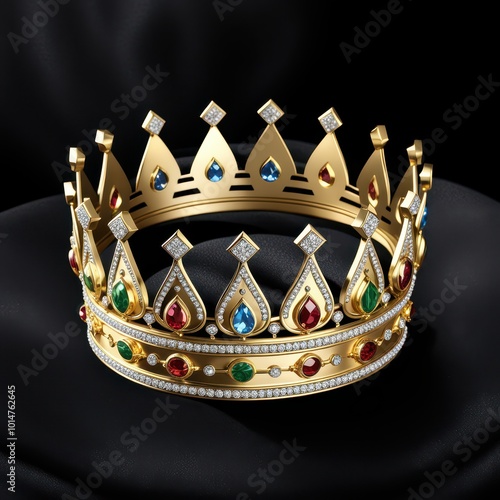 A luxurious golden crown adorned with colorful jewels and pearls, symbolizing royalty.