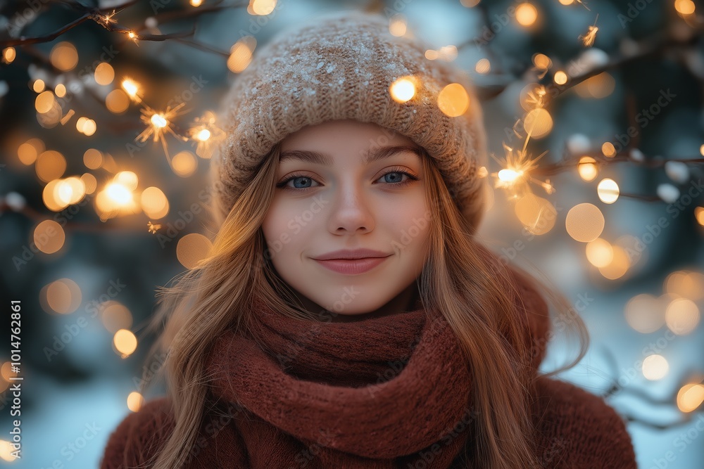 Woman wearing a hat and a scarf is smiling. She is standing in front of a tree with lights on it. Holding a bright sparkler for independence day. Woman wearing a hat and a scarf is smiling. She is standing in front of a tree with lights on it. Holding a bright sparkler for independence day.