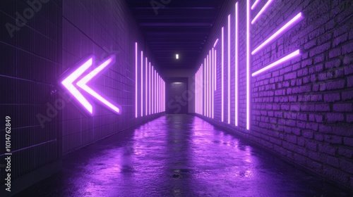 Purple neon chevrons forming an arrow sign, vibrant and eye-catching, perfect for guiding or attracting attention in urban settings