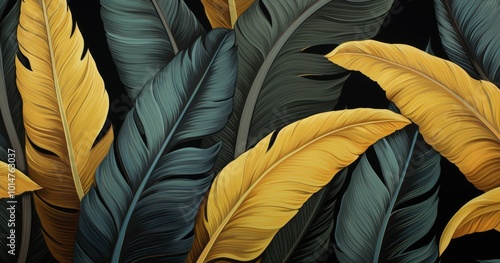 A beautiful color seamless pattern of golden banana leaves and tropical foliage on a black background