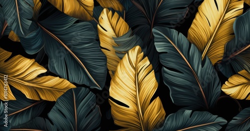A beautiful color seamless pattern of golden banana leaves and tropical foliage on a black background