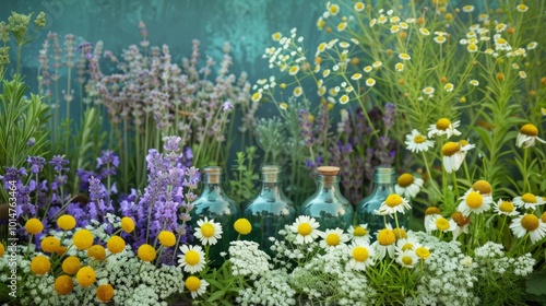 Glass Bottles and Fresh Chamomile Flowers for Herbal Medicine
