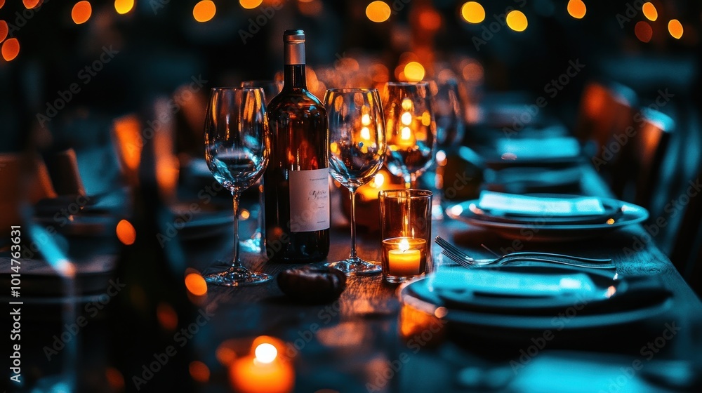 A beautifully set dining table with wine, candles, and elegant glassware for a special occasion. A beautifully set dining table with wine, candles, and elegant glassware for a special occasion.