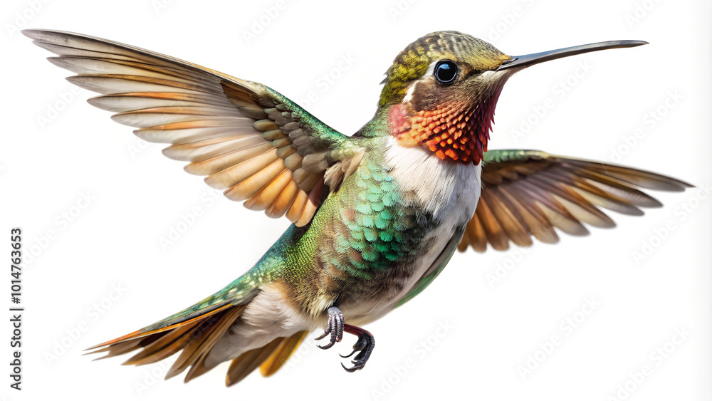 Fototapeta premium Stunning ruby throated hummingbird captured mid-flight with iridescent plumage and delicate wings, showcasing nature's vibrant beauty and incredible agility