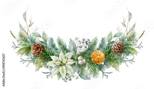 Watercolor horizontal garland with white poinsettia, berries, fir branches, cones, orange slice and herbs. Christmas decorative element.