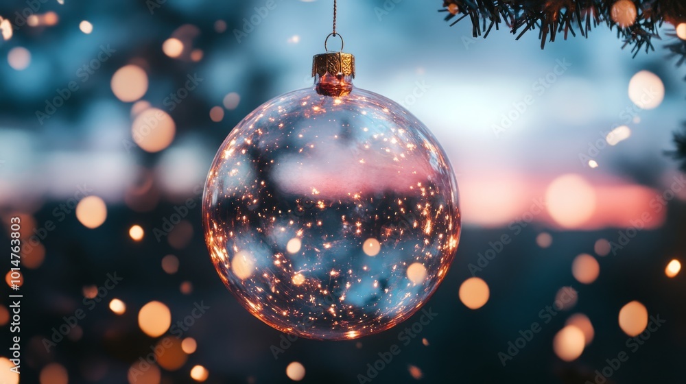 A Christmas ornament with a clear glass ball and a gold chain. The ornament is hanging from a tree branch A Christmas ornament with a clear glass ball and a gold chain. The ornament is hanging from a tree branch