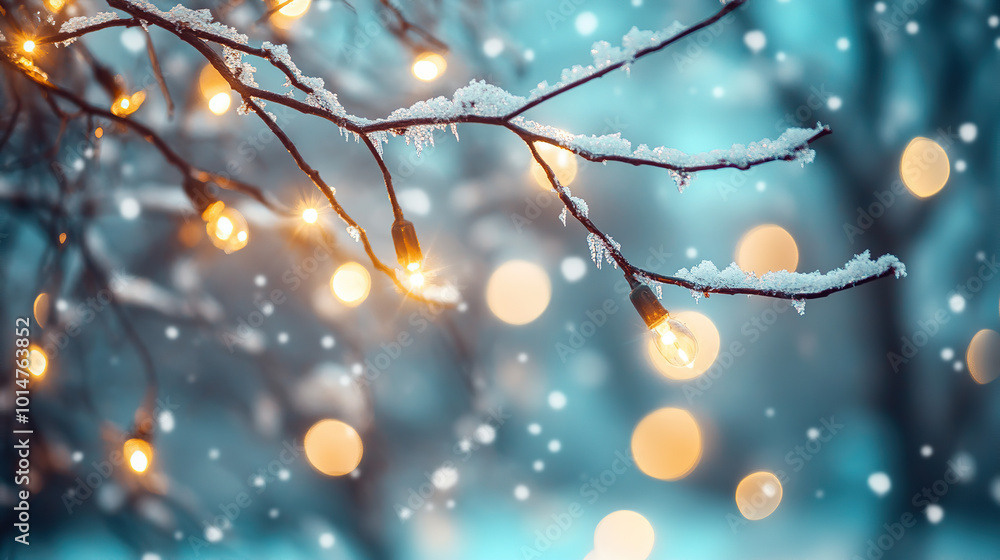 Winter Wonderland with Snow and String Lights on Branches Winter Wonderland with Snow and String Lights on Branches