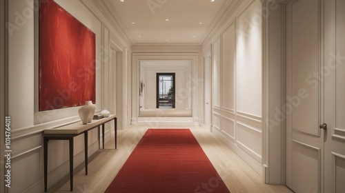 A stylish hallway showcases a striking red rug and a large piece of red artwork. White walls and soft lighting create a bright, inviting atmosphere leading to an exterior view through the door.