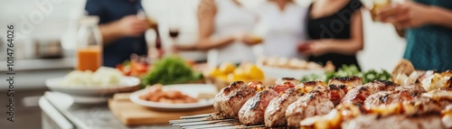 Delicious barbecue feast with grilled meat and fresh vegetables, perfect for gatherings and summer celebrations among friends.