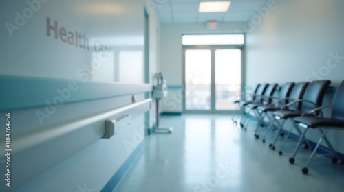 Empty healthcare clinic hallway with blue tones