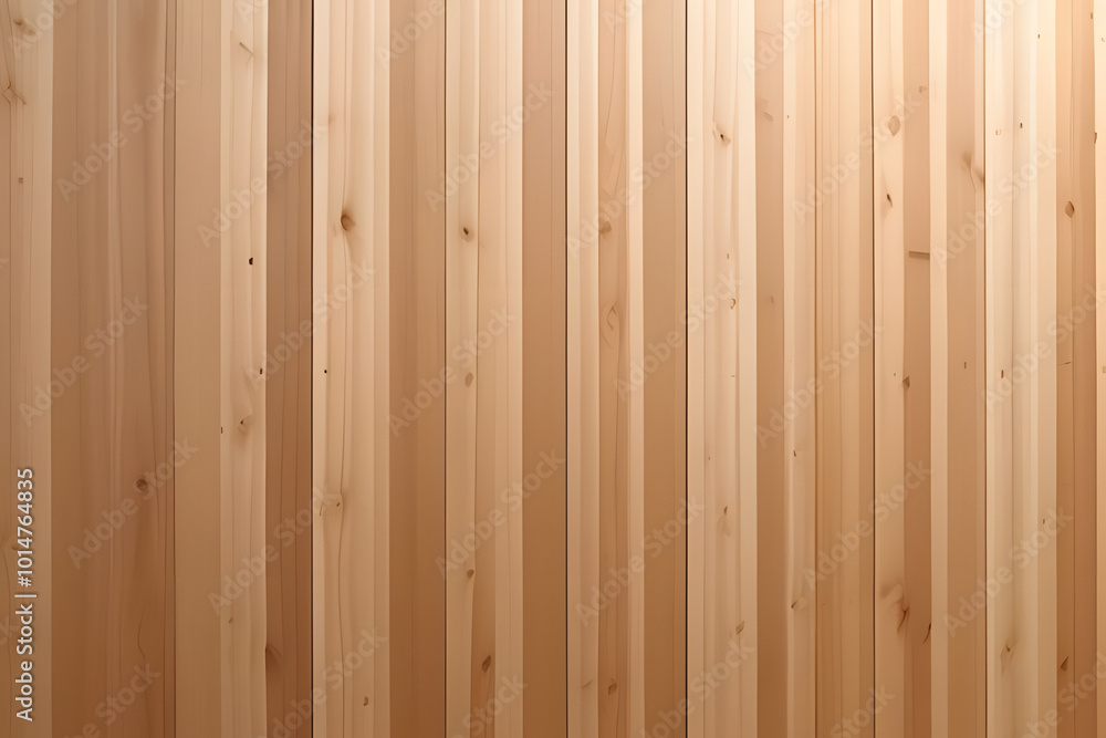 Fototapeta premium A close-up view of a wooden wall featuring vertical planks made of light-colored wood. The texture is smooth, showcasing the natural grain and knots of the wood.