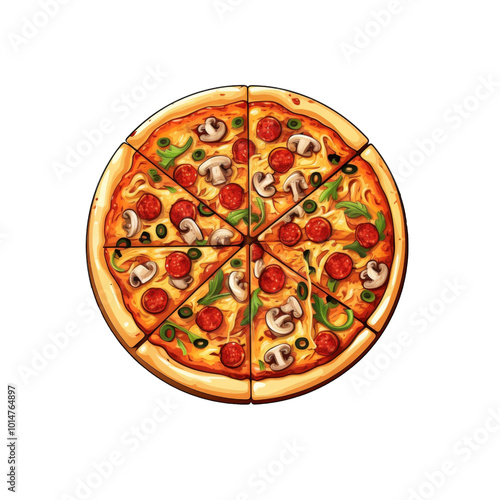 Pepperoni pizza with cheese, mushrooms, and green peppers in slices. Perfect for food blogs, menu designs, and restaurant marketing material.Generative AI