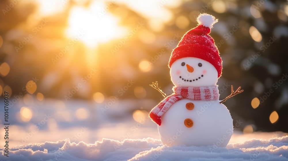 happy snowman on the bokeh background of snow with copy space happy snowman on the bokeh background of snow with copy space