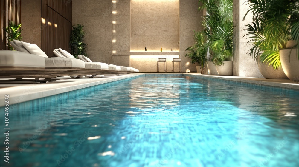 Obraz premium A serene indoor pool area with lounge chairs and greenery, promoting relaxation and leisure.